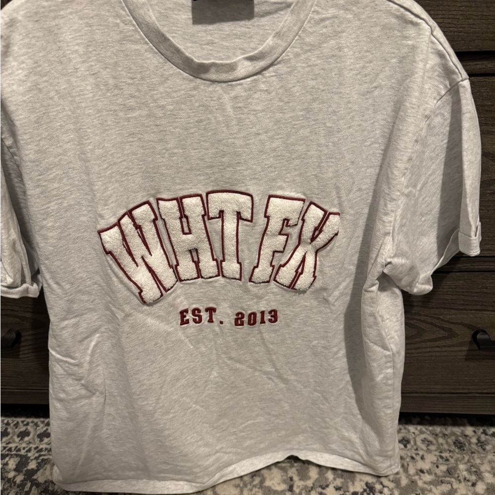 White Fox Boutique Gray Tee with Red/White Embroidery